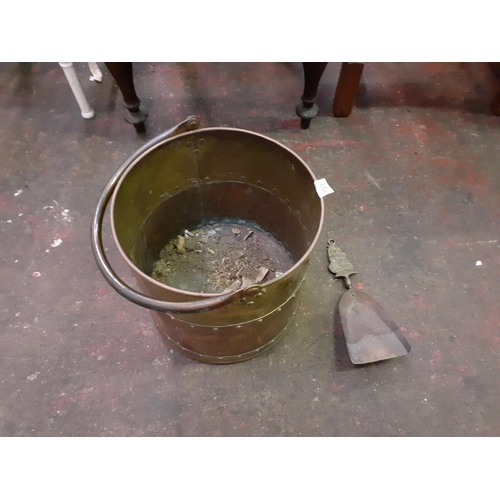 101 - Circular Brass & Copper Coal Bucket with Shovel - approx 11