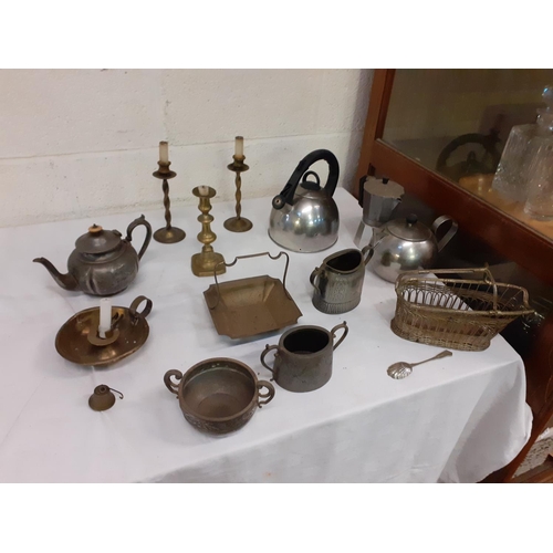 114 - Box of Plated, Pewter & Brass Ware to Include Candlesticks, Wine Bottle Holder etc.