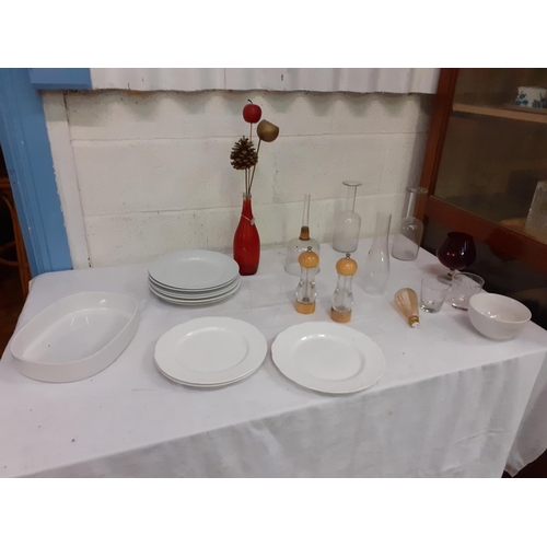 121 - Box to Include Large White Dinner Plates, Kitchen Ware, Glass Decanters, Cranberry Glass etc.