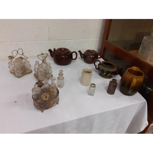 128 - Box to Include Large Teapot, Condiments Sets on Plated Stands, Pottery Jug etc.