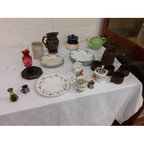 132 - Box of China to Include Denby Style Coffee Pots & Mugs, Vintage Burslem Plate, Colclough etc.