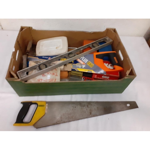 136 - Box of Assorted Tools & Hardware to Include Saws, Drilling Bits, Spirit Level etc.