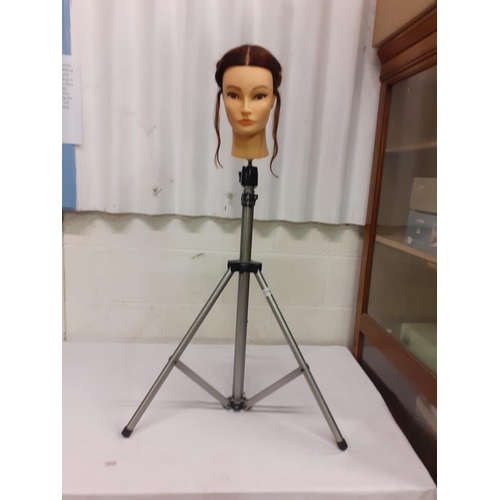 140 - Hairdressers Head Dummy with Real Hair on Tripod Stand.