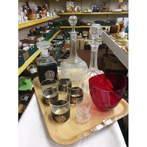 158 - Tray of Glassware to Include Cranberry Glass Vase, Two Decanters, Decanter & Glasses Set, Edinburgh ... 