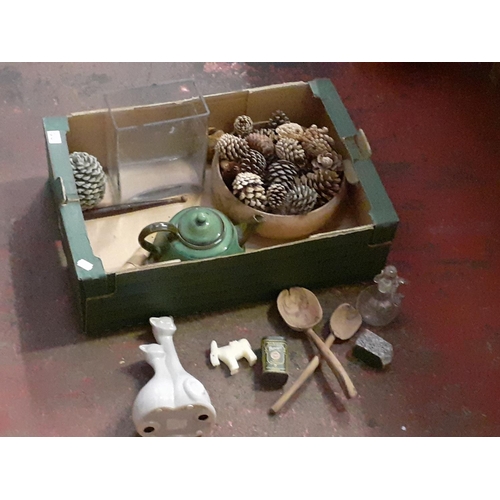 26 - Box to Include Wooden Bowl, Teapot, Cat Figure, Large Glass Vase etc.