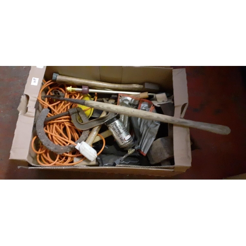 29 - Box of Tools & Accessories Including Tool Belt, Extension Lead, Saws, Mallet etc.