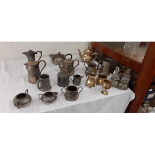 31 - Box of Plated, Pewter & Brass Ware Including Four Piece Plated Tea Service.