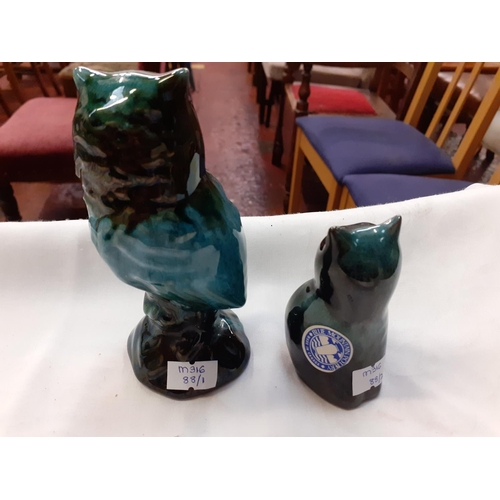 321 - Two Blue Mountain Pottery Green Drip Glaze Owls Smaller with Original Label Taller Height c.12.5cm (... 