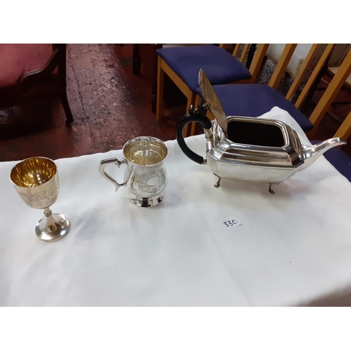 330 - Silver Plated Teapot, Tankard & Goblet.