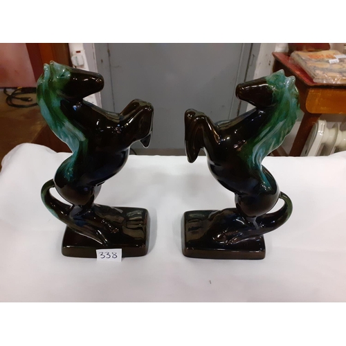 338 - Pair of Blue Mountain Pottery Green Drip Glaze Rearing Horses Height c.31.5cm (c.9.25”).