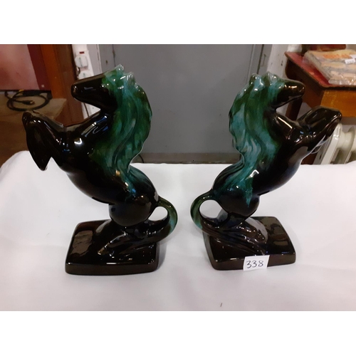 338 - Pair of Blue Mountain Pottery Green Drip Glaze Rearing Horses Height c.31.5cm (c.9.25”).