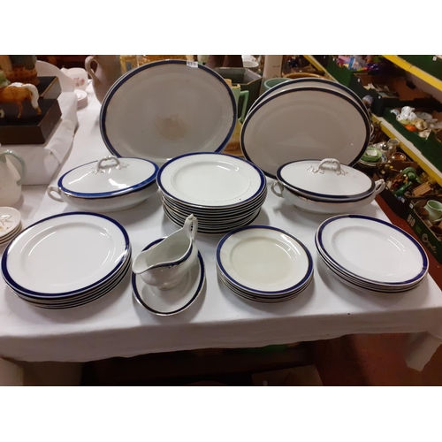 377 - 36 Piece Blue & White Gilt Rimmed Dinner Service.