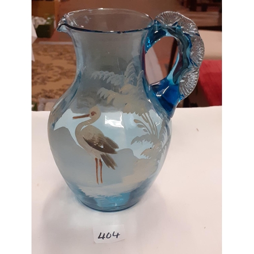 404 - Vintage Hand Blown & Hand Decorated Stork Design Blue Glass Jug - approx 8