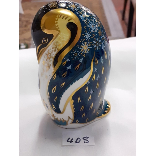 408 - Royal Crown Derby Penguin and Chick Paperweight with Gold Stopper.