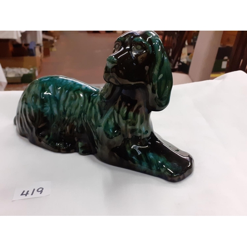 419 - Blue Mountain Pottery Green Drip Glaze Seated Spaniel Length c.23.5cm (c.9.25”).