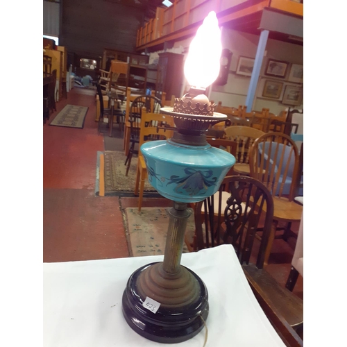 423 - Converted Vintage Double Burner Oil Lamp Into Electric Lamp With Hand Decorated Bowl.