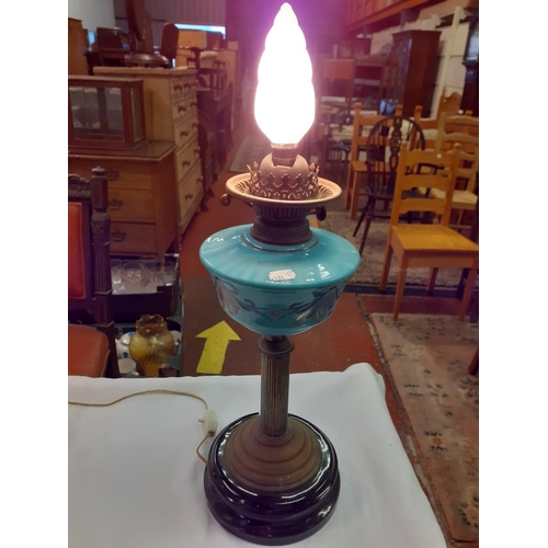 423 - Converted Vintage Double Burner Oil Lamp Into Electric Lamp With Hand Decorated Bowl.