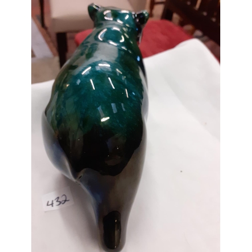 432 - Blue Mountain Pottery Green Drip Glaze Bear Length c.28cm (c.11”) - chip to ear.