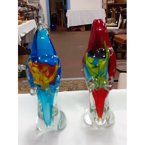 437 - Two Murano-Style Parrot Paperweights/Figures - One Red, One Blue Height c.19cm (c.7.5”).