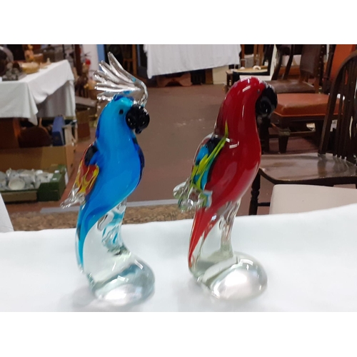 437 - Two Murano-Style Parrot Paperweights/Figures - One Red, One Blue Height c.19cm (c.7.5”).