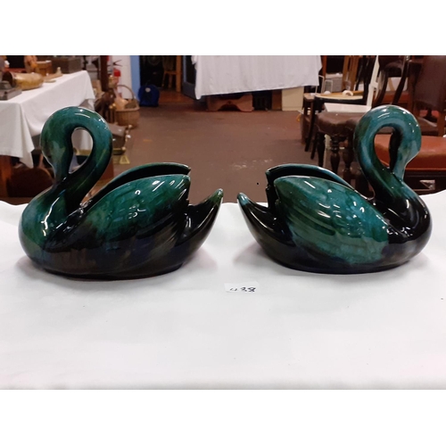 438 - Pair of Blue Mountain Pottery Green Drip Glaze Swan Vases Length c.18cm (c.7.25”).