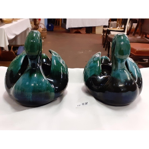 438 - Pair of Blue Mountain Pottery Green Drip Glaze Swan Vases Length c.18cm (c.7.25”).