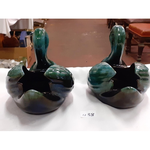 438 - Pair of Blue Mountain Pottery Green Drip Glaze Swan Vases Length c.18cm (c.7.25”).