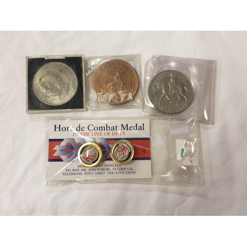 454 - Two Hors De Combat Medal Badges 01018 along with Three Cased Coins - Elizabeth II 1977, Britannia 17... 