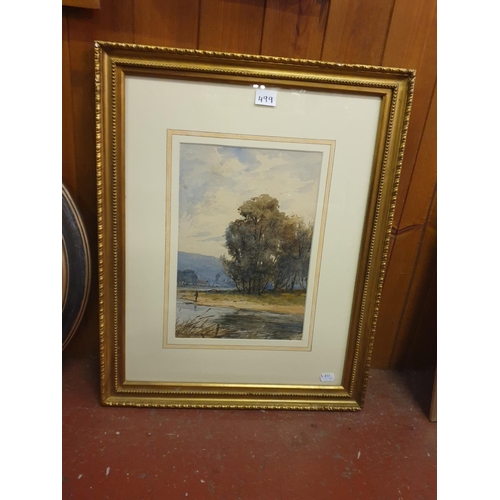 499 - Framed & Glazed Tree & Fisherman Scene Watercolour Signed 