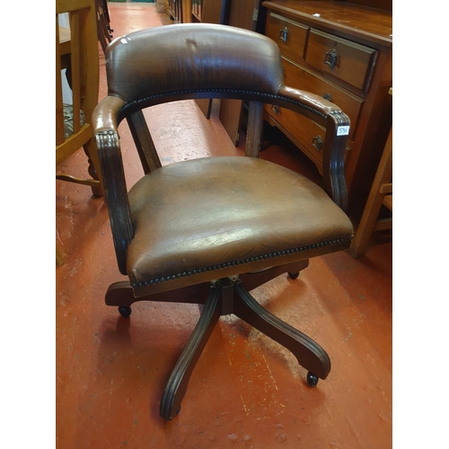 590 - Brown Leather Vintage Mahogany Framed Office Swivel Chair.