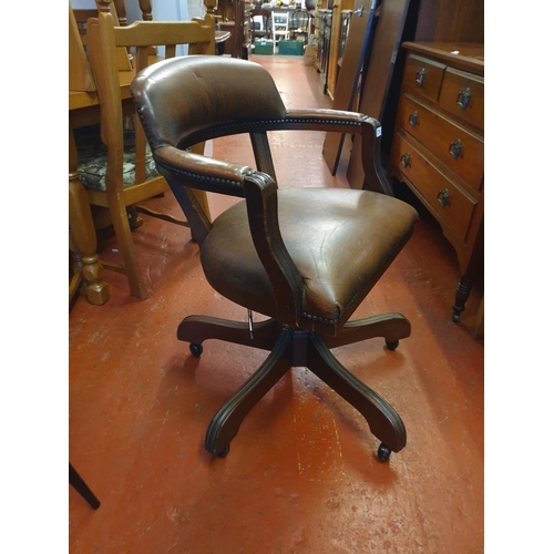 590 - Brown Leather Vintage Mahogany Framed Office Swivel Chair.