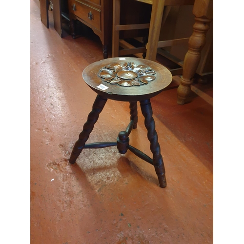 598 - Barley Twist Three Legged Stool with Leaf Carving on Top.