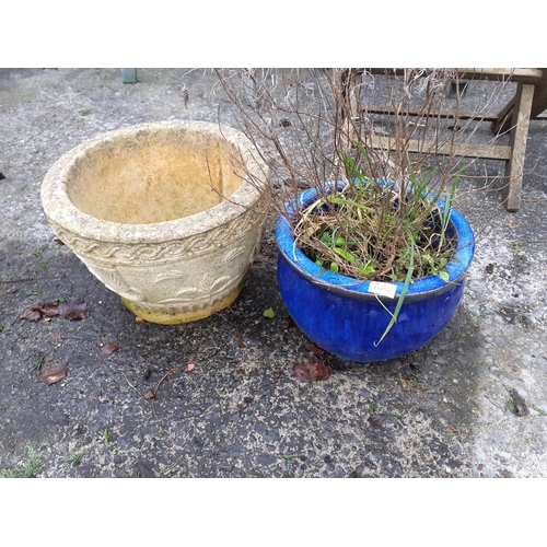 666 - Circular Garden Concrete Planter & Blue Glazed Pot.