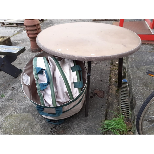 672 - Brown Circular Garden Patio Table with Metal Legs & Two Large Composting Bags.