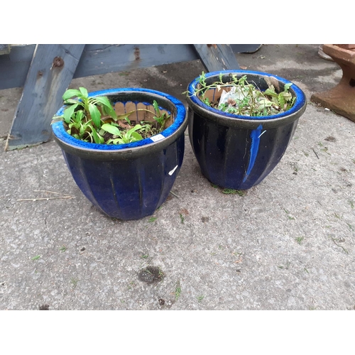 674 - Pair of Blue Glazed Plant Pots & Contents.