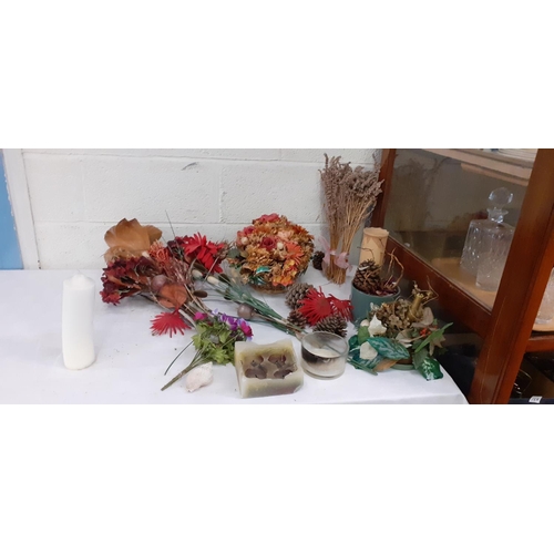 74 - Box of Assorted Artificial Flower Arrangements, Candles etc.