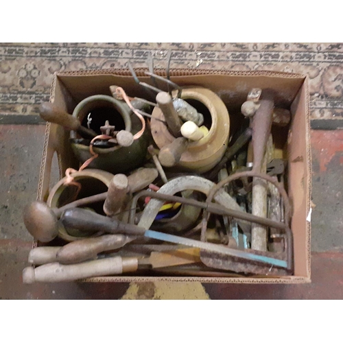 95 - Box of Earthenware Jars & Vintage Tools Including Screwdrivers, Saws etc.