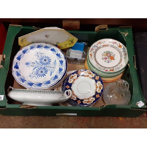 113 - Box of Assorted Plates, Decanter, Tureen, Egg Cups.