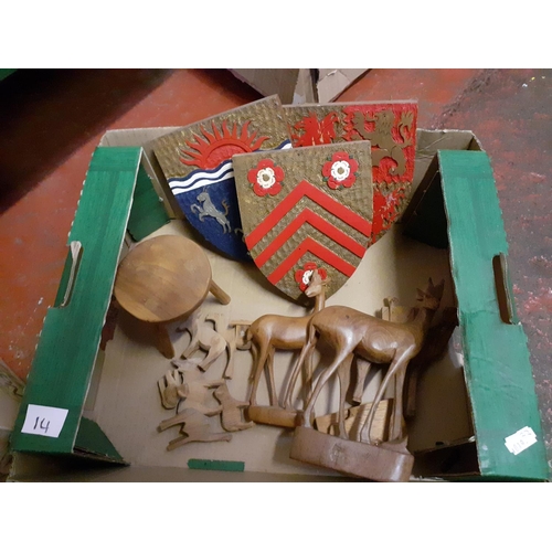 14 - Box of Wooden Plaques & Animals.