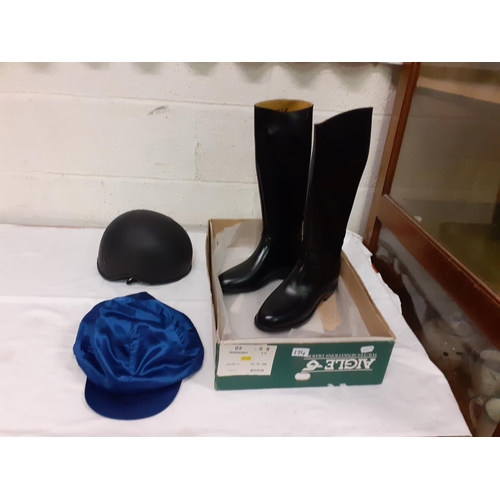 174 - Pair of NEW Size 7 Black Riding Boots, Size 3 Riding Hat & Jockey Cap.