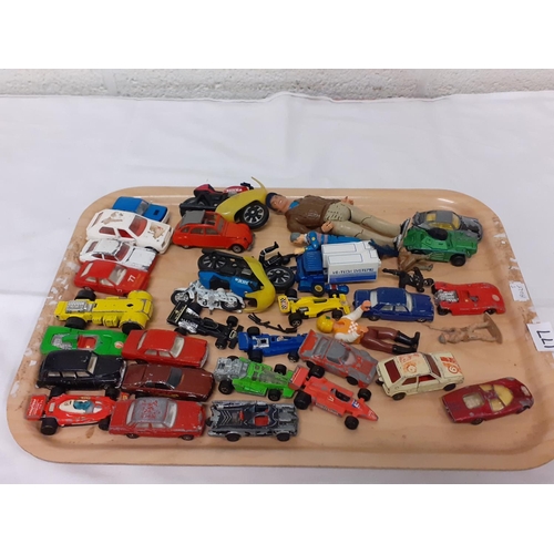 177 - Tray of Vintage Model Cars & Figures Including Corgi.