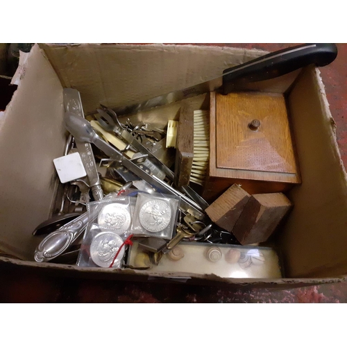 21 - Box to Include Coins, Keys, Cutlery, Wooden Box, Brush etc.