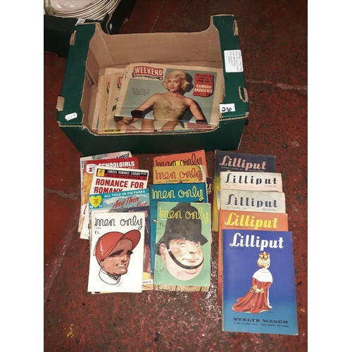 26 - Box of Vintage Maps & Books to Include Men Only, Liliput, Love Story & 1950s Weekend Papers.