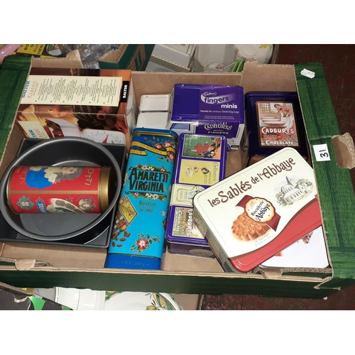 31 - Box of Collectable Tins, Cake Tins & Scales.