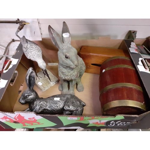 4 - Two Hare Figures, Wader Bird, Wooden Tissue Box & Brass Banded Wooden Barrel.