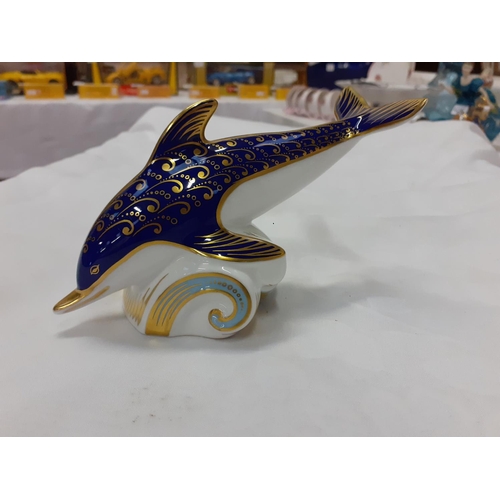 446 - Royal Crown Derby Dolphin Paperweight with Gold Stopper.