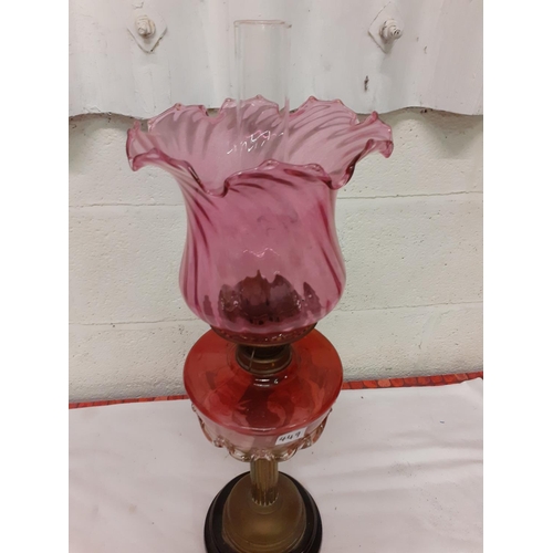 449 - Stunning Large Cranberry Glass Double Burner Oil Lamp with Chimney Cranberry Glass Shade - approx 27... 