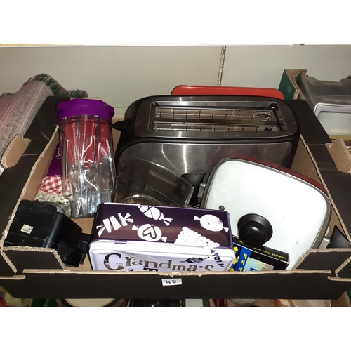 48 - Box of Kitchen Accessories to Include Cutlery Set, Two Slice Toaster, Weighing Scales, Tins etc.