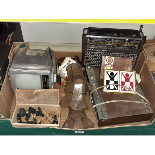 52 - Box to Include Retro Portable TV, Phillips Radio, Lamp Shades, Chess Pieces etc.