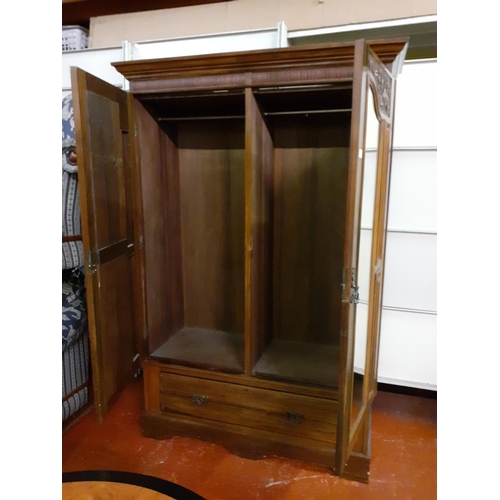 538 - Mahogany Double Wardrobe with Carved Doors & Mirror Over Single Drawer - approx 80